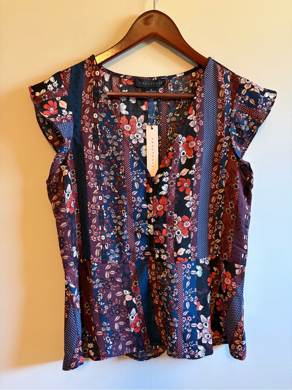 Sanctuary Floral Patchwork Cap-Sleeve Top in Navy and Burgundy